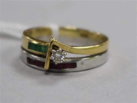 An 18ct gold, ruby, emerald and diamond set double shank dress ring, size Q.